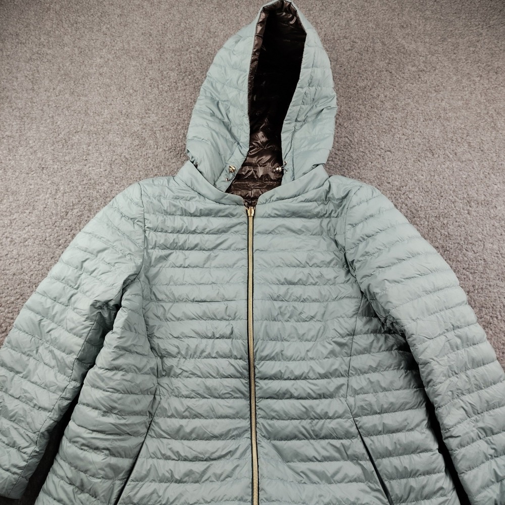 Herno Puffer Jacket Womens 46 Reversible Blue Brown Quilted Hooded Goose Down - Picture 2 of 12